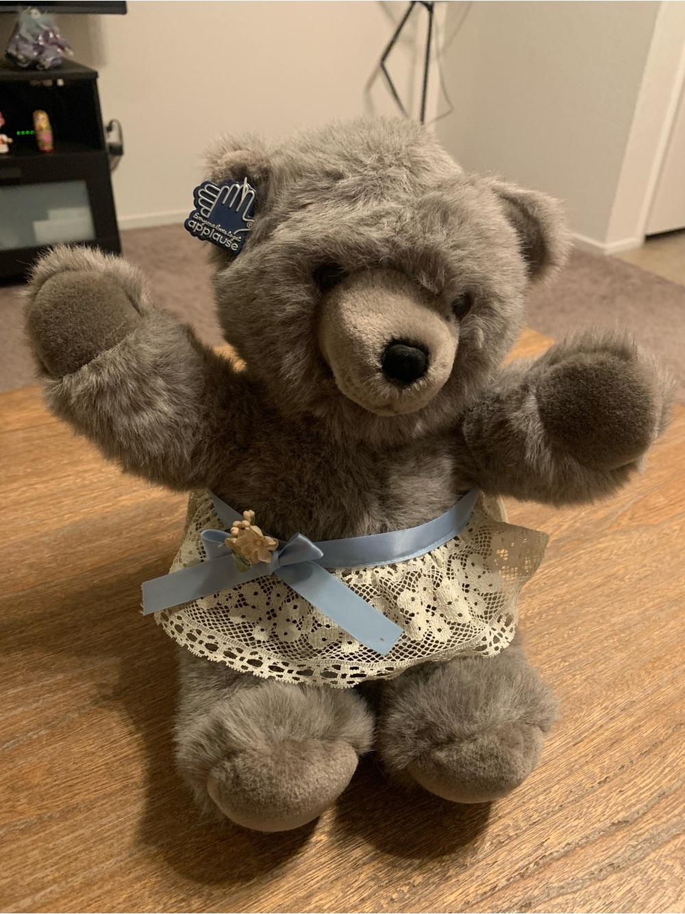 Vintage 1980 Applause Lorelei Bear with Lace Skirt Plush Stuffed Animal Grey
